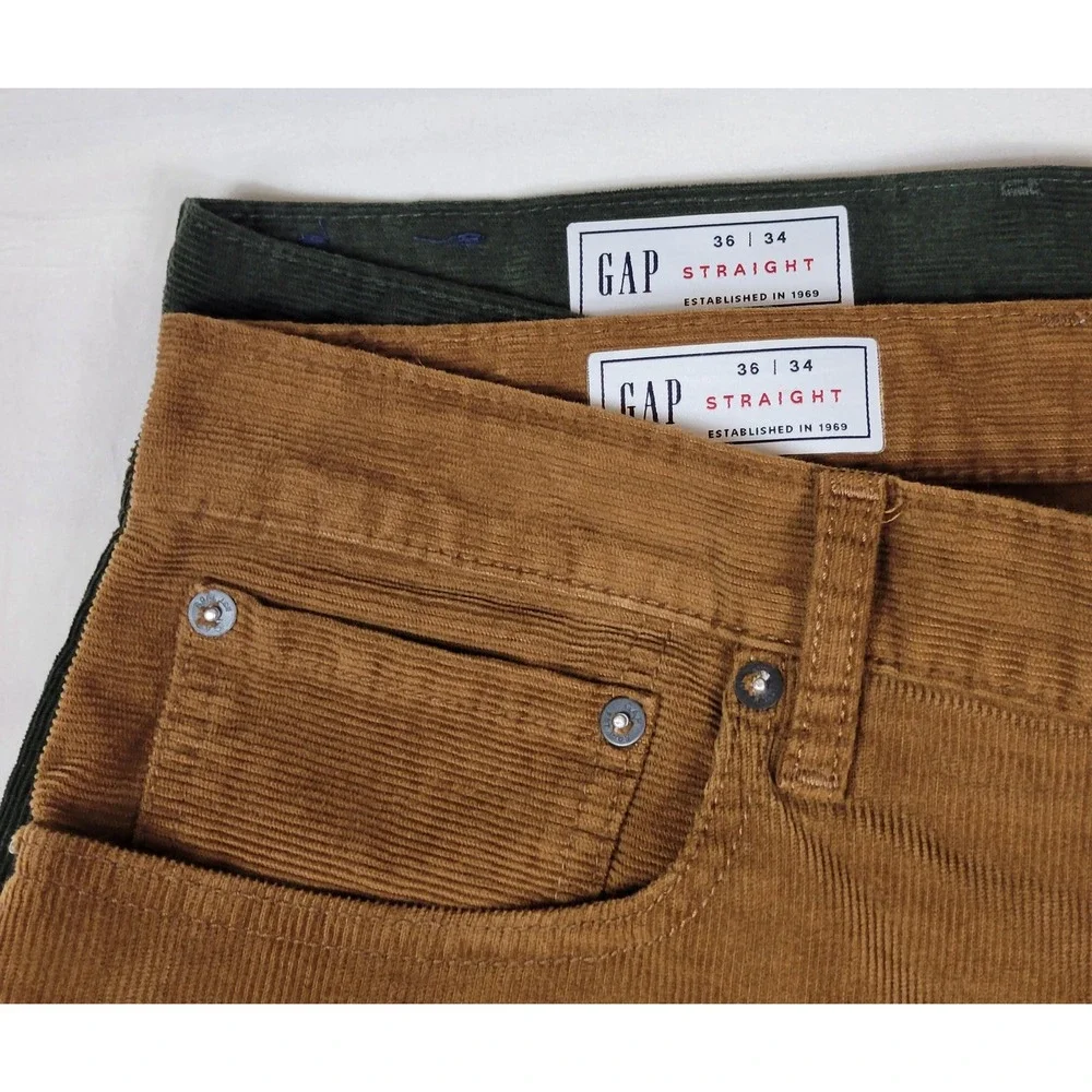 Lot of 2 Gap Straight Fit Corduroy Pants Mens 36x33 Green Brown 455404-00 02